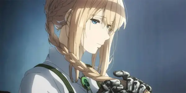 A young woman looking down in Violet Evergarden.
