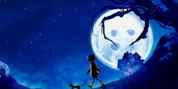 Coraline Jones walking under a button moon with a black cat from 