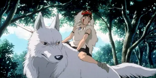 Princess Mononoke riding her wolf and holding a spear in 