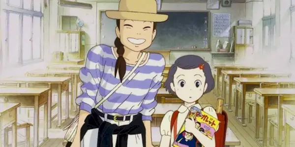 An adult woman smiling next to her confused child counterpart in Only Yesterday