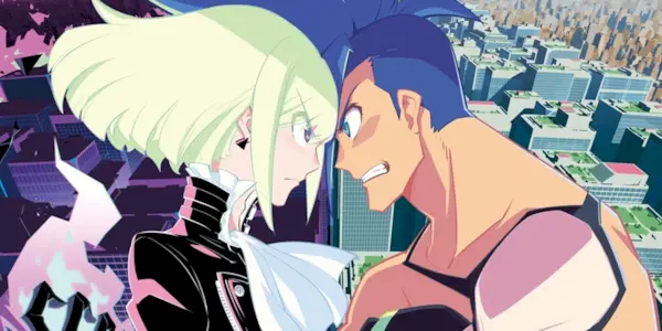 Two characters facing each other with angry expressions in Promare.