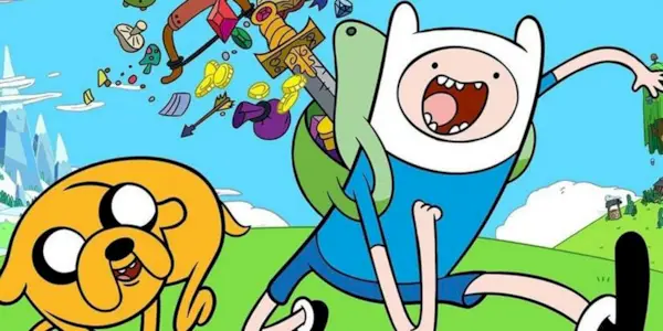 Jake the dog runs behind Finn who has an opened backpack. A sword, gold coins and several other items fly out from behind Finn. 