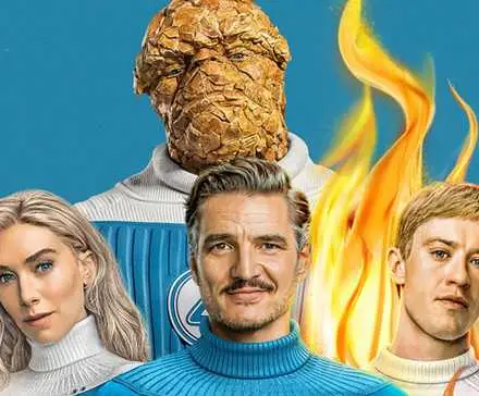 Vanessa Kirby, Pedro Pascal, Joseph Quinn, and Ebon Moss-Bachrach as Invisible Woman, Mister Fantastic, Human Torch, and The Thing.