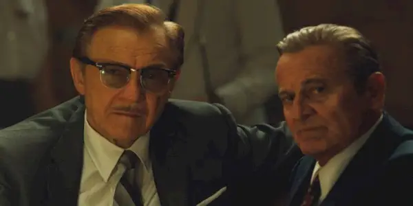 Angelo Bruno (Harvey Keitel) and Russell Buffalino (Joe Pesci) sitting together at a table in 