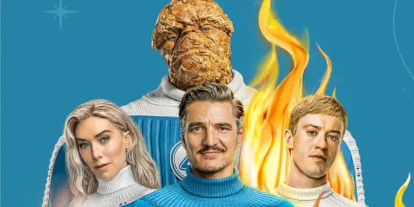 Vanessa Kirby, Pedro Pascal, Joseph Quinn, and Ebon Moss-Bachrach as Invisible Woman, Mister Fantastic, Human Torch, and The Thing.