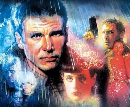 Stylized artwork of the cast on a poster image for Blade Runner.