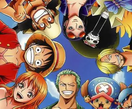 Strawhat pirates from One Piece standing in circle and looking down while smiling.