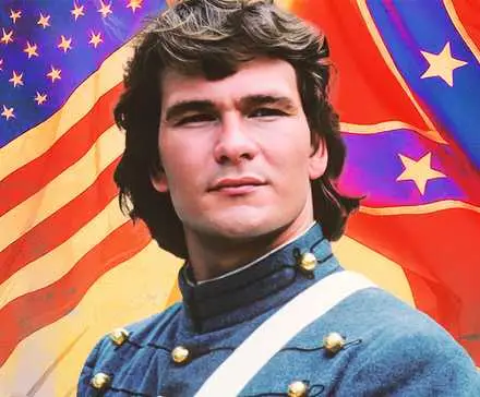 Patrick Swayze in a Civil War uniform in front of the American flag and the Confederate flag 