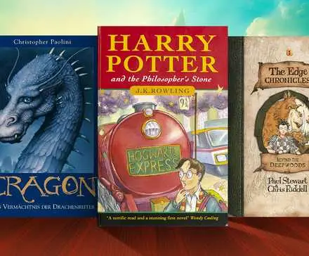 Blended image showing book covers for Eragon, Harry Potter, and The Edge Chronicles