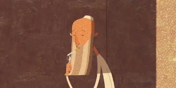 An old man lighting a cigarrette in In the Shadow of the Cypress