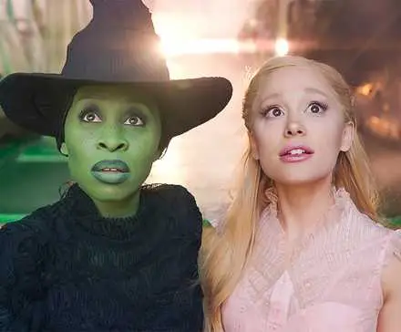 Glinda (Ariana Grande) and Fiyero (Jonathan Bailey) talk at the Ozdust Ballroom in 