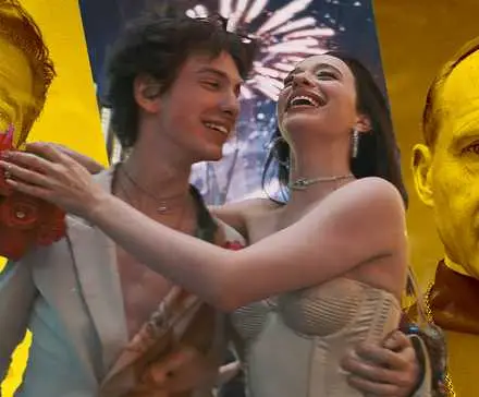 Blended image showing characters from The Brutalist, Anora, and Conclave