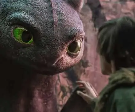Toothless looking at Hiccup in the 2025 live-action remake of 