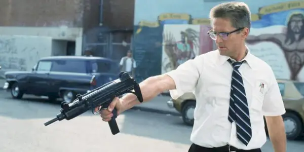 Michael Douglas firing a gun in Falling Down