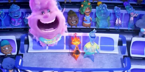 Gale Cumulus, Ember and Wade sitting next to each other, looking up and smiling in Elemental.