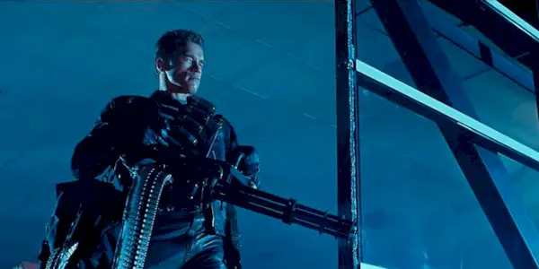 Arnold Schwarzenegger as T800 firing a minigun in Terminator 2: Judgment Day