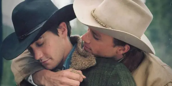 Ennis hugs Jack in Brokeback Mountain.