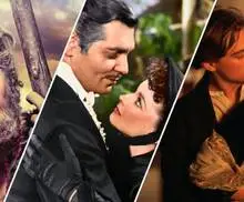 Split image showing characters from The Ten Commandments, Gone with the Wind, and Titanic