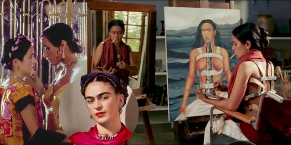 Salma Hayek as Frida Khalo painting in her wheelchair and self portrait of Frida
