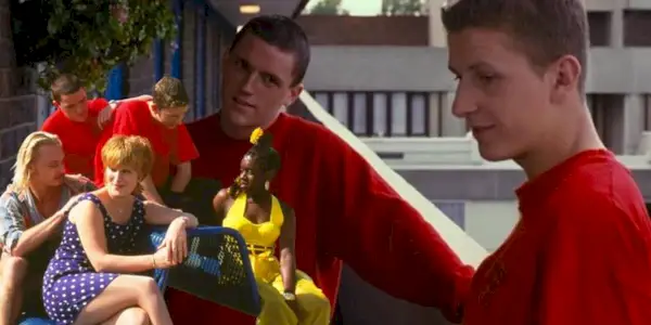 Beautiful Thing cast, Glen Berry as Jamie and Scott Neal as Ste outside Jamie