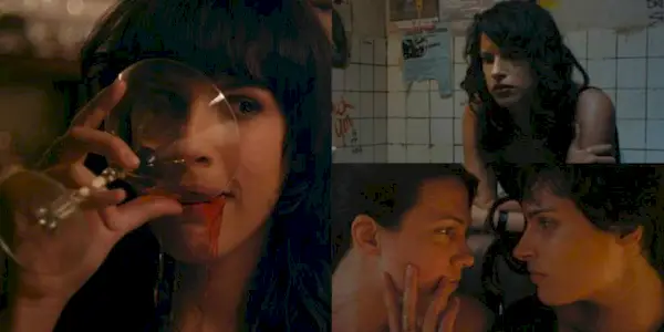 Appropriate Behavior Desiree Akhavan spilling wine, on the toilet and staring into her lovers eyes