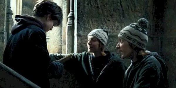 Fred and George Weasley and Harry Potter talking about the Marauder