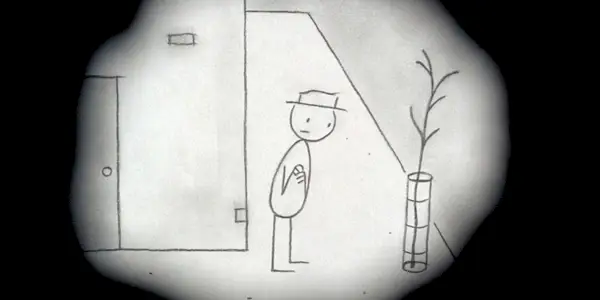 Bill the stick figure outside a door, worried, in 