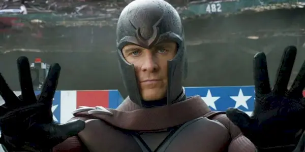 A helmeted Michael Fassbender as Magneto in X-Men: Days of Future Past exercises mutant power.