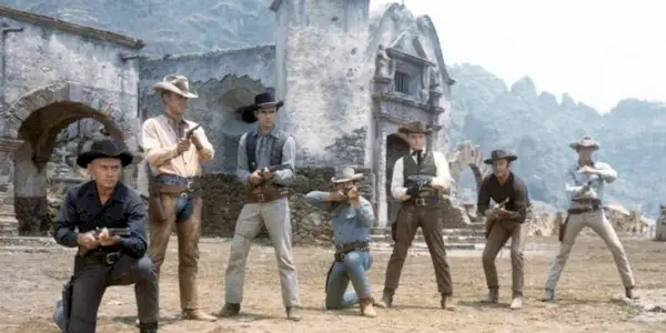 Charles Bronson, James Coburn, Steve McQueen, Yul Brynner, Robert Vaughn, Horst Buchholz, and Brad Dexter in 