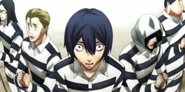 Cast of Prison School looking scared with handcuffs on