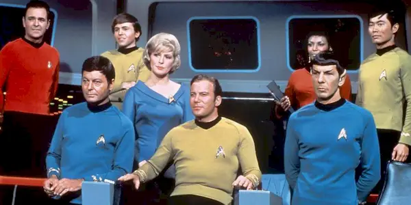 The Star Trek crew at the Enterprise control room.