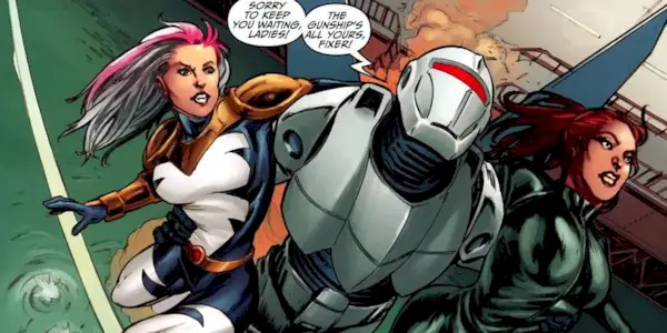 Mach flying Songbird and Black Widow in Marvel Comics