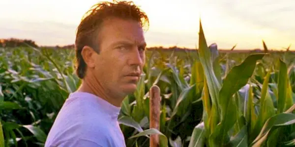 Ray Kinsella standing in his cornfield looking confused in Field of Dreams.