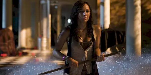 Cassidy holding an axe and looking scared in Sorority Row