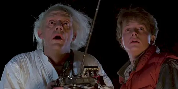 Michael J. Fox as Marty McFly and Christopher Lloyd as Doc Brown in 