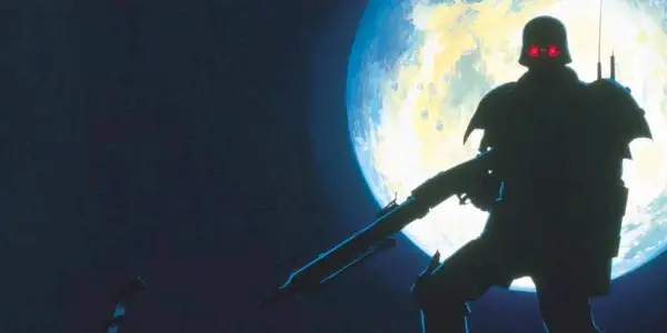A soldier holding a gun with the full moon in the background in Jin-Roh: The Wolf Brigade