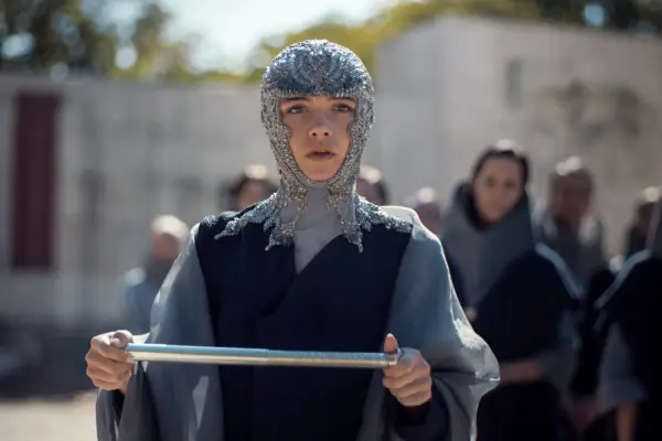 Florence Pugh in silver robes and headdress as Princess Irulan Corrino in Dune: Part Two.