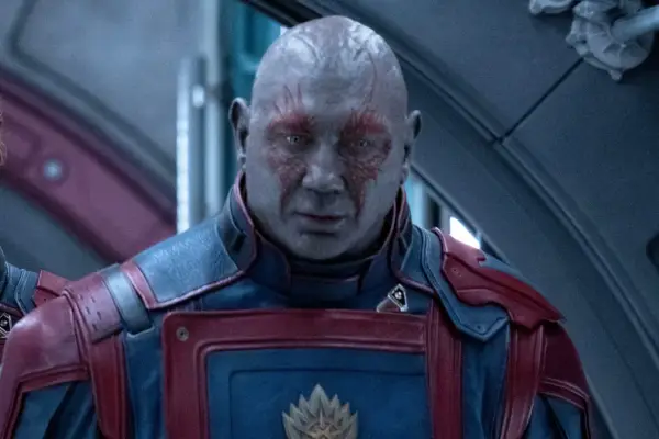 Dave Bautista as Drax looking shocked in a space ship