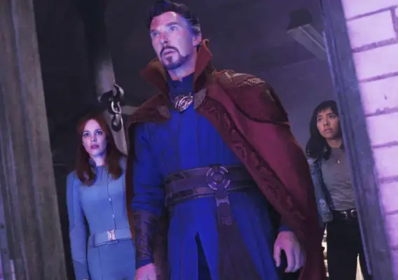 Rachel McAdams, Benedict Cumberbatch and Xochitl Gomez in a scene from Doctor Strange in the Multiverse of Madness, staring out into space