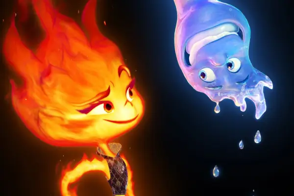 Flame and water characters from Elemental looking at each other