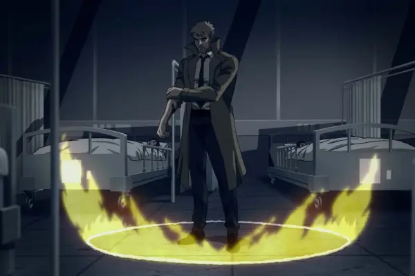 A man in a long coat standing in a flaming circle