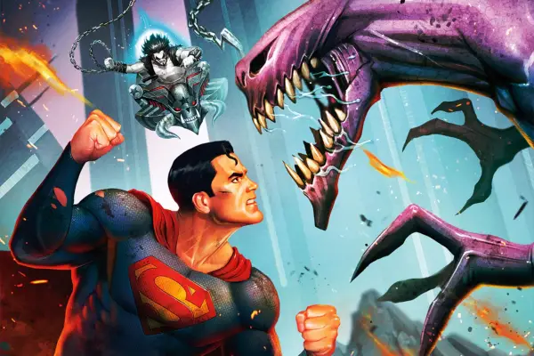 Superman takes a fighting stance as he prepares to take on a fearsome monster, while Lobo approaches in the distance