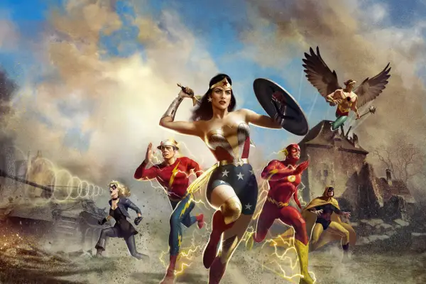Black Canary, The Flash, Wonder Woman and Hawkman run into battle