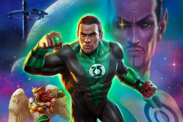 John Stewart wears his Green Lantern costume and ring, with Sinestro and Hawkgirl spotted in the background