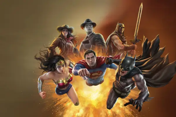Wonder Woman, Superman and Batman burst forth from an explosion, with alternate universe versions of themselves in the background