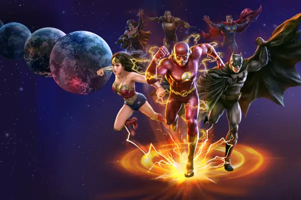 Wonder Woman, The Flash, Batman and other DC superheroes posed for action, with a series of parallel earths behind them