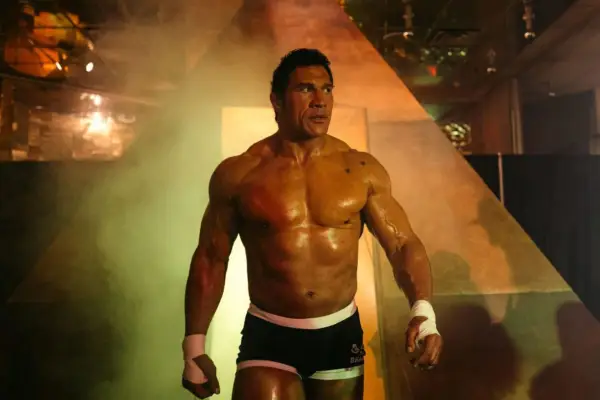 Dwayne Johnson in wrestling gear for The Smashing Machine.
