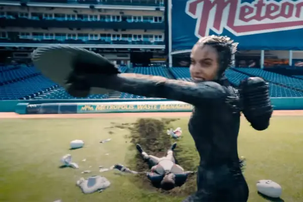María Gabriela de Faría plays The Engineer in Superman, seen here in the midst of a battle, wielding spinning blades in an empty sports stadium