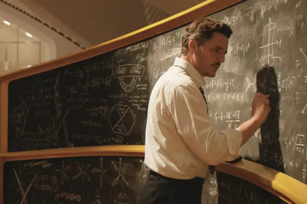 Pedro Pascal as Reed Richards in The Fantastic Four: First Steps, writing on a chalkboard