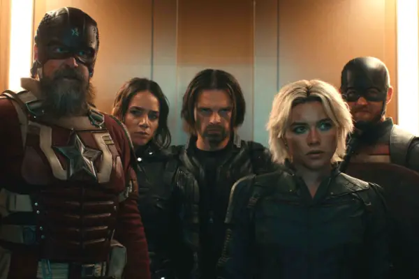David Harbour, Hannah John-Kamen, Sebastian Stan, Florence Pugh and Wyatt Russell in Thunderbolts, stood together in a lift